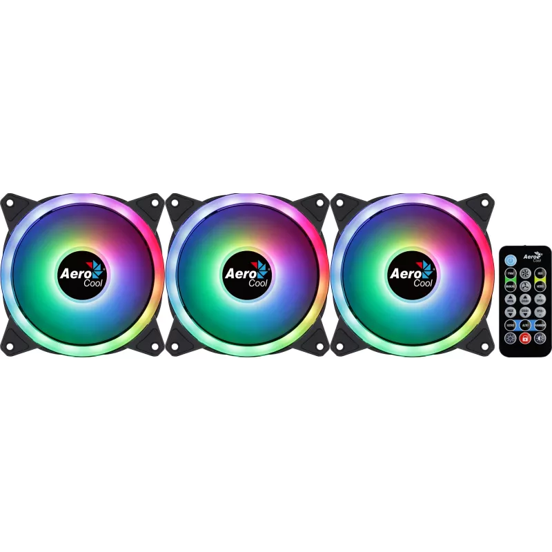 Aerocool DUO12PRO rinkinys 3x ventiliatorius 12cm ARGB LED dvigubas žiedas antivibraciniai 6 kaiščiai juodas
