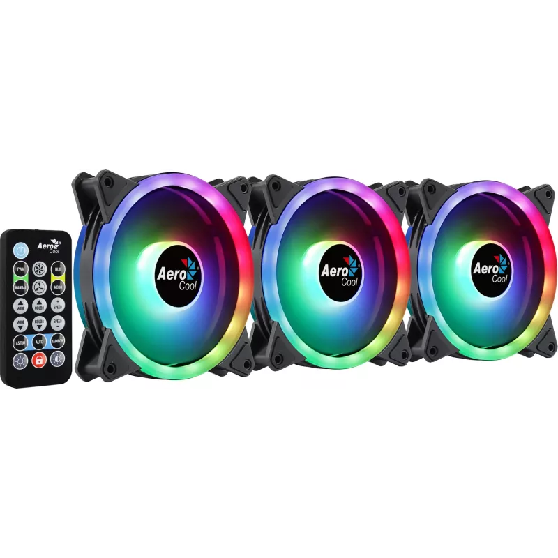 Aerocool DUO12PRO rinkinys 3x ventiliatorius 12cm ARGB LED dvigubas žiedas antivibraciniai 6 kaiščiai juodas