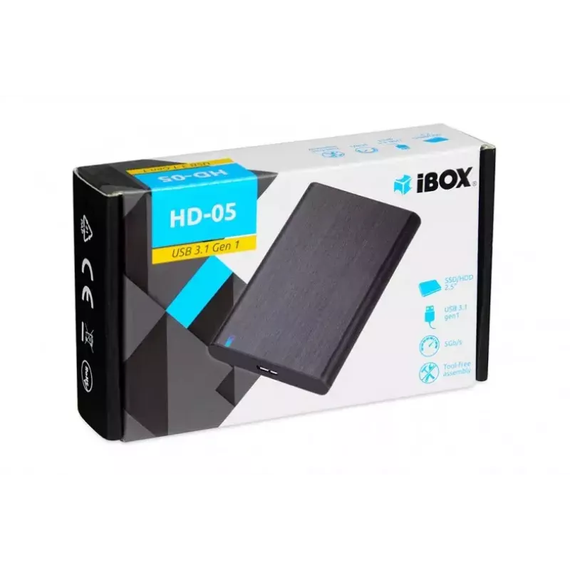 Išorinis HDD/SSD dėklas IBOX HD-05 Juodas — 2,5 colio SATA III, USB 3.2 Gen 1 (5 Gbit/s), Micro-USB B, UASP, iki 10 TB