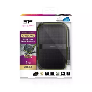 Išorinis kietasis diskas Silicon Power Armor A60 1 TB 2,5 colio USB 3.2 Gen 1, atsparus smūgiams, AES-256, juodas