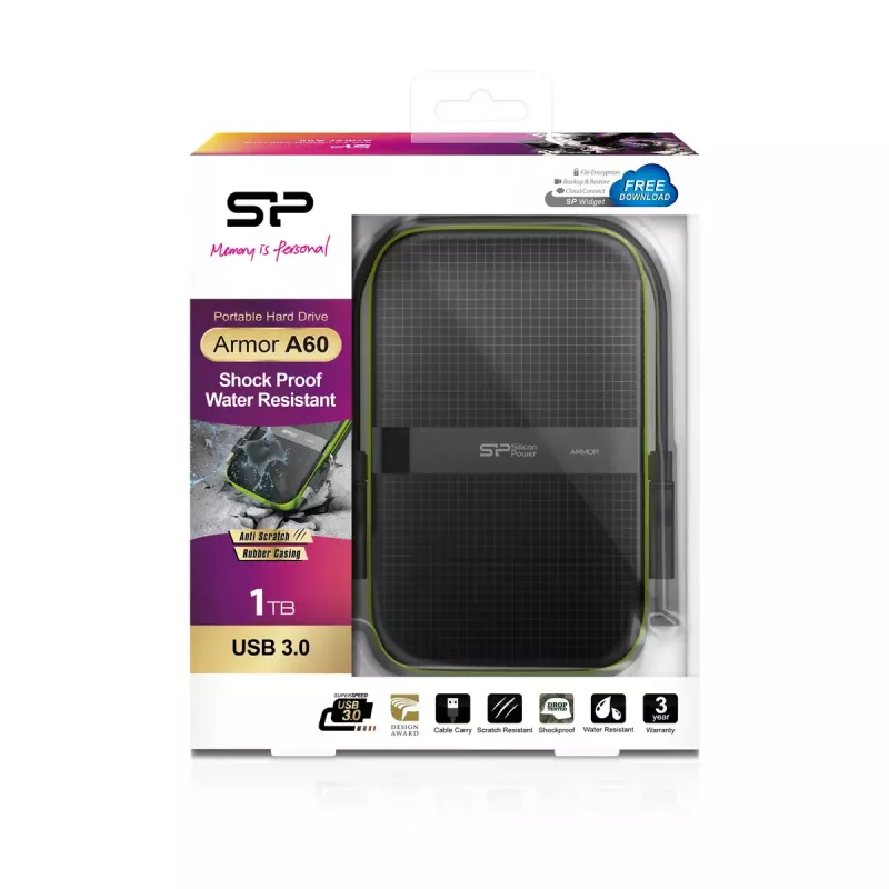 Išorinis kietasis diskas Silicon Power Armor A60 1 TB 2,5 colio USB 3.2 Gen 1, atsparus smūgiams, AES-256, juodas