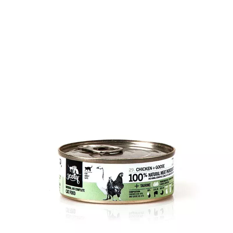 Šlapias ėdalas katėms 3coty Chicken with Goose 80 g skardinė – pilnavertis suaugusių kačių ėdalas, 19 % baltymų, 12 % riebalų