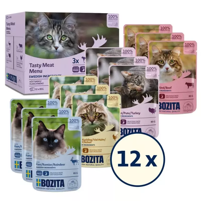 Šlapias kačių ėdalas BOZITA 85 g pakelis – Jautiena, Vištiena, Elniena, Kalakutiena, be grūdų, suaugusioms katėms, 12×85 g pakuotė