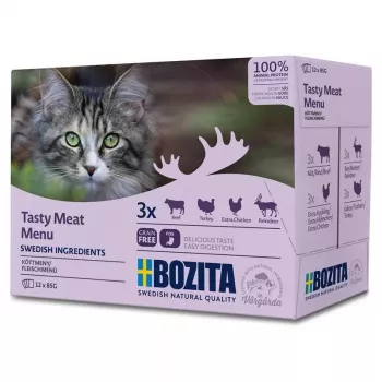 Šlapias kačių ėdalas BOZITA 85 g pakelis – Jautiena, Vištiena, Elniena, Kalakutiena, be grūdų, suaugusioms katėms, 12×85 g pakuotė