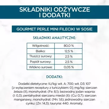 Šlapias kačių ėdalas Purina Nestlé GOURMET Perle Mini filė padaže, pakeliai 60 x 85 g, suaugusioms katėms, 80% drėgmės