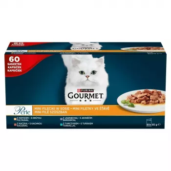 Šlapias kačių ėdalas Purina Nestlé GOURMET Perle Mini filė padaže, pakeliai 60 x 85 g, suaugusioms katėms, 80% drėgmės