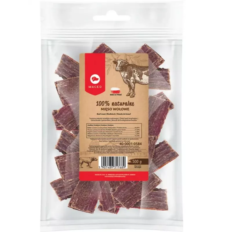 Šlapias šunų ėdalas MACED Beef 100% Nature, 500 g – suaugusiems šunims, baltymai 56,9%, riebalai 21,5%, drėgmė 10,1%