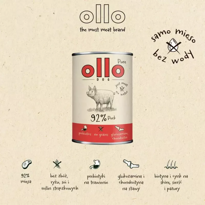 Šlapias šunų ėdalas OLLO Pure Pork 850 g – visavertis suaugusiems šunims, monoproteininis, 17% baltymų, 11,5% riebalų, 63% drėgmės