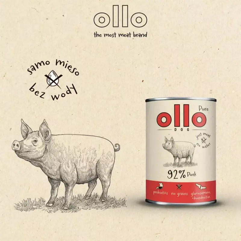 Šlapias šunų ėdalas OLLO Pure Pork 850 g – visavertis suaugusiems šunims, monoproteininis, 17% baltymų, 11,5% riebalų, 63% drėgmės