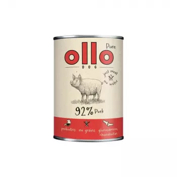 Šlapias šunų ėdalas OLLO Pure Pork 850 g – visavertis suaugusiems šunims, monoproteininis, 17% baltymų, 11,5% riebalų, 63% drėgmės