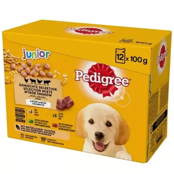 Šlapias šunų ėdalas Pedigree Junior Selection Mix 12×100 g — ėdalas šuniukams, 12 paketėlių (100 g), drėgnumas 80,5%, baltymai 8,5%, riebalai 6%