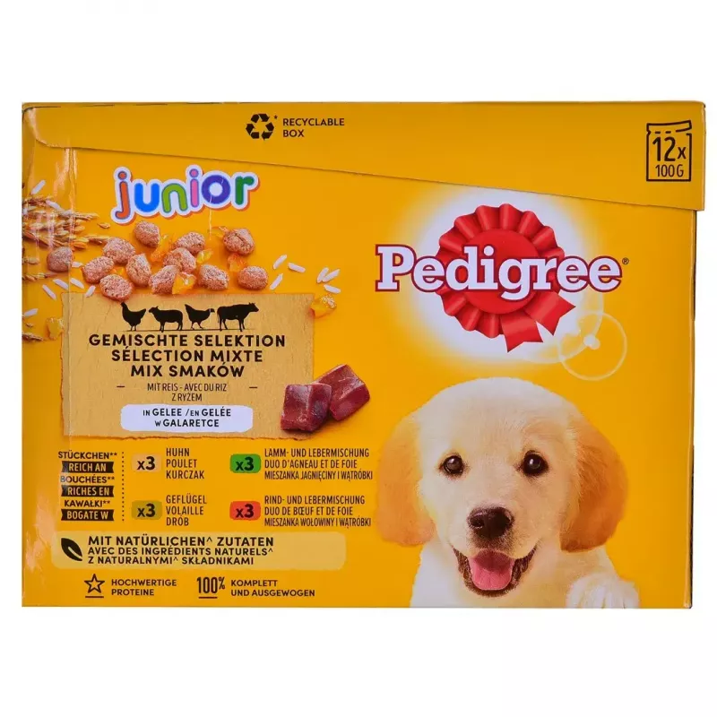 Šlapias šunų ėdalas Pedigree Junior Selection Mix 12×100 g — ėdalas šuniukams, 12 paketėlių (100 g), drėgnumas 80,5%, baltymai 8,5%, riebalai 6%