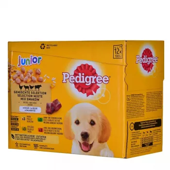Šlapias šunų ėdalas Pedigree Junior Selection Mix 12×100 g — ėdalas šuniukams, 12 paketėlių (100 g), drėgnumas 80,5%, baltymai 8,5%, riebalai 6%