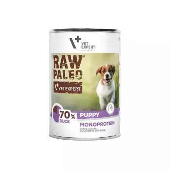 VETEXPERT RAW PALEO Puppy monoprotein su antiena, šlapias šuniukų ėdalas, 400 g