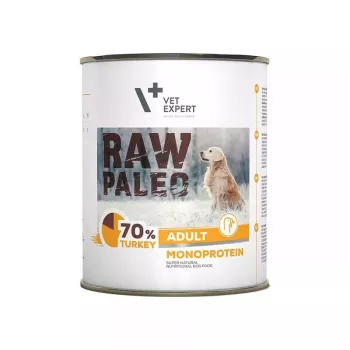 Šlapias šunų ėdalas VETEXPERT RAW PALEO Adult Monoprotein Turkey 800 g skardinė, be grūdų, be glitimo, maisto alergijoms