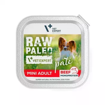 Šlapias šunų ėdalas VETEXPERT RAW PALEO Pate Mini Adult Beef 150 g – pilnavertis konservuotas paštetas mažų veislių suaugusiems šunims