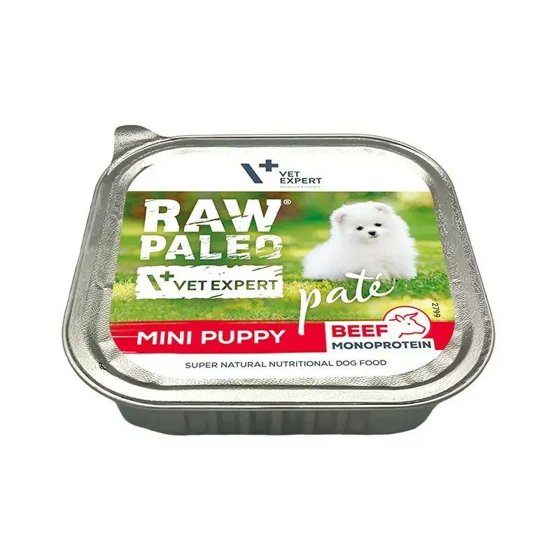 Šlapias šuniukų ėdalas VETEXPERT RAW PALEO Pate Mini Beef – vieno baltymo jautiena 150 g skardinė mažų veislių šuniukams