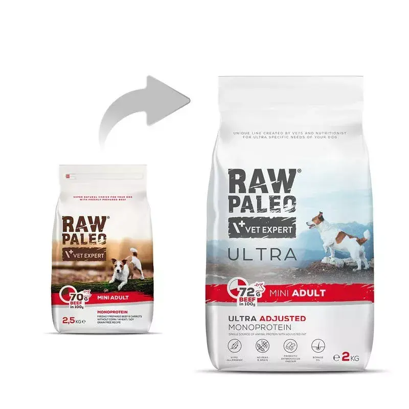 VETEXPERT RAW PALEO Ultra Mini Adult su jautiena, sausas šunų ėdalas, 2 kg
