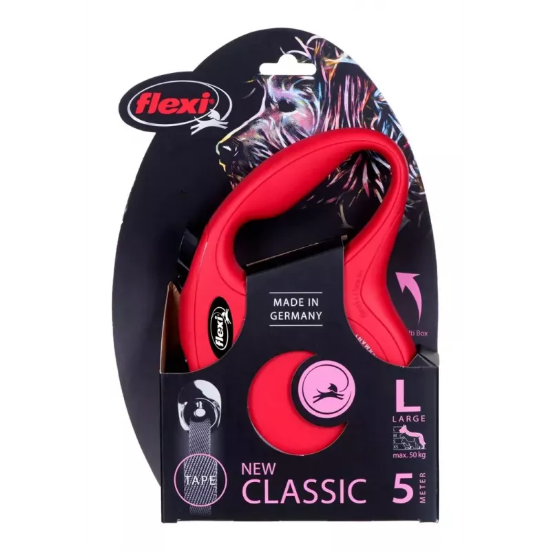 Ištempiamas šuns pavadėlis Flexi New Classic 5 m, juoda nailono juosta, didelėms veislėms iki 50 kg