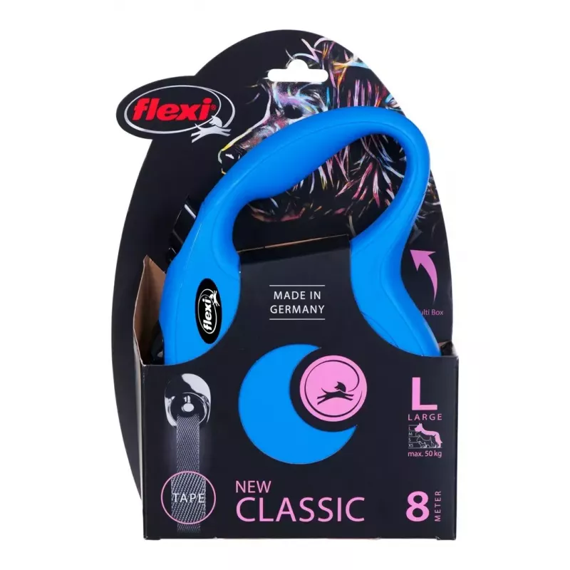 Atitraukiamas pavadėlis Flexi New Classic 8 m — virvelinis pavadėlis, mėlynas, L, max apkrova 50 kg