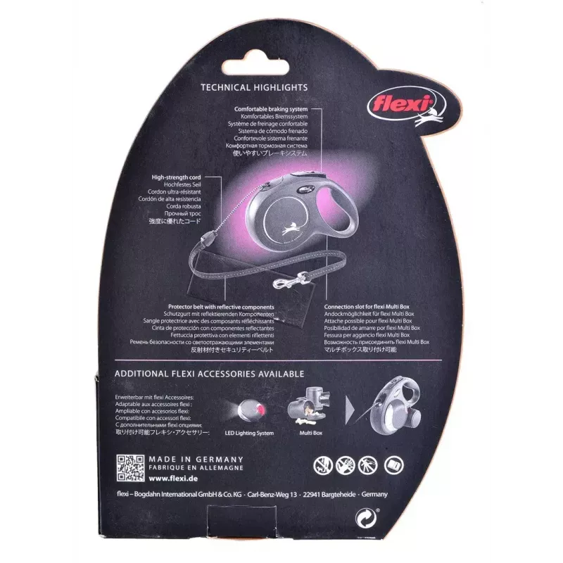 Flexi New Classic M – ištraukiamas pavadėlis šunims, virvutinis, vidutiniams šunims, 8 m, max apkrova 20 kg, juodas