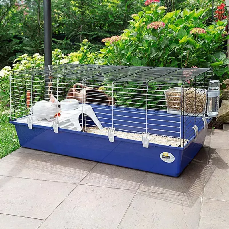 Narvelis triušiams FERPLAST Rabbit 120 Mėlynas – metalinis ir plastikinis triušių narvas 1180×585×495 mm, tinka 5–9,9 kg triušiams