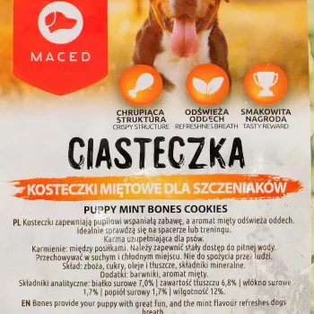 Šuniukų dresūros skanėstai MACED Puppy Mint Bones Cookies 1 kg – mėtinio skonio sausainiai šuniukams, 1 kg plastikinė pakuotė