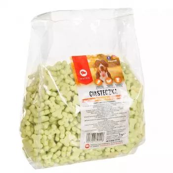 Šuniukų dresūros skanėstai MACED Puppy Mint Bones Cookies 1 kg – mėtinio skonio sausainiai šuniukams, 1 kg plastikinė pakuotė