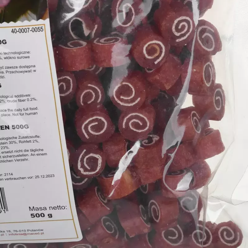 Sausas šunų skanėstas MACED Duck and Fish Sushi 500 g – treniruočių užkandis, baltymai 30%, riebalai 2%, be glitimo