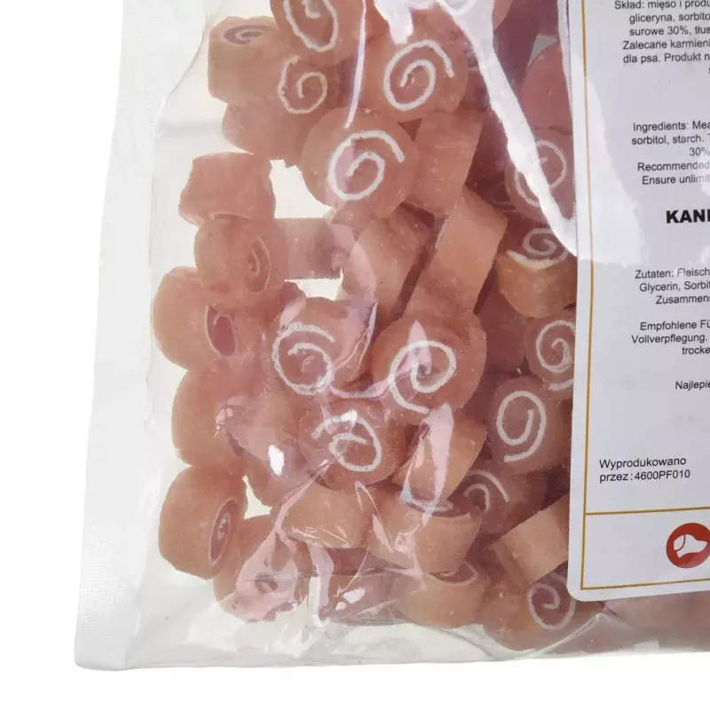 Minkšti šunų skanėstai MACED Sushi su triušiu ir žuvimi 500 g – funkciniai treniruočių užkandžiai