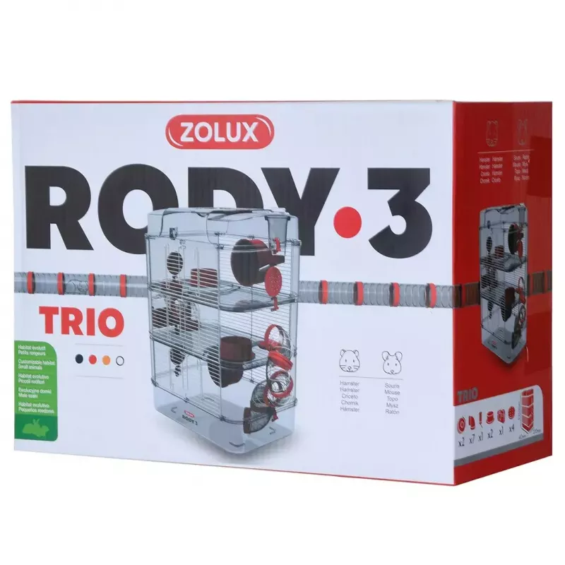 Narvelis graužikams ZOLUX Rody3 Trio – metalinis/plastikinis, 410×270×530 mm, 3 kg, su bėgimo ratuku