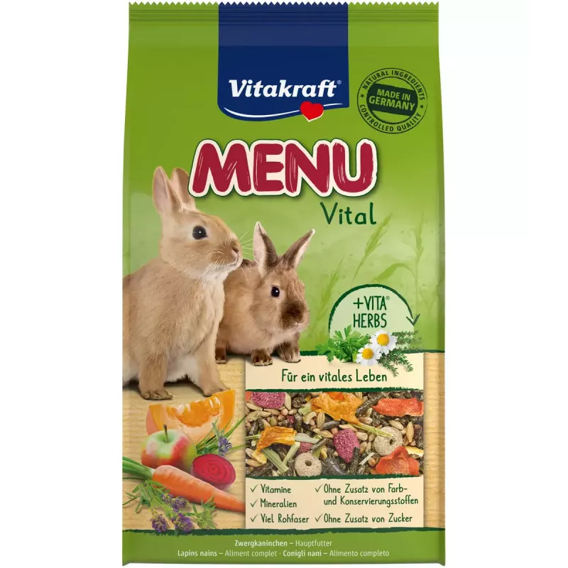 Sausas ėdalas nykštukiniam triušiui Vitakraft 25542 3 kg, grūdų skonio, be konservantų, kietas maišelis, 14% žalių skaidulų
