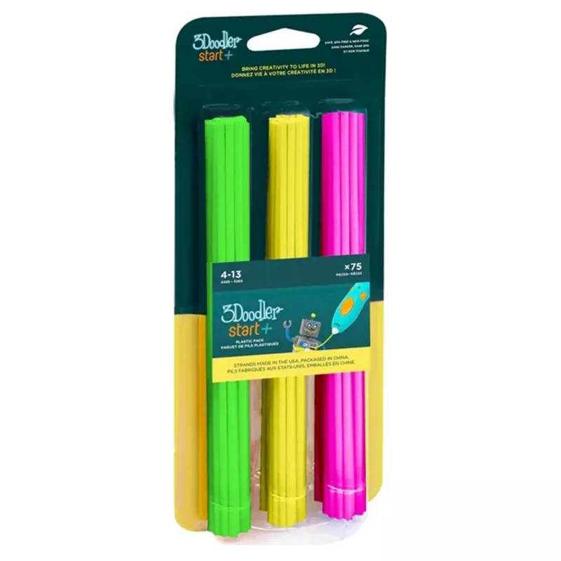 3Doodler kompostuojami 3D spausdinimo siūlai mišinys 75 vnt. — žalia, rožinė, geltona, neoninė švytinti, 65°C lydymosi temperatūra