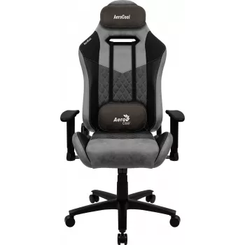 Žaidimų kėdė AEROCOOL DUKE AeroSuede juoda pilka — 2D porankiai, butterfly mechanizmas, max vartotojas 150 kg