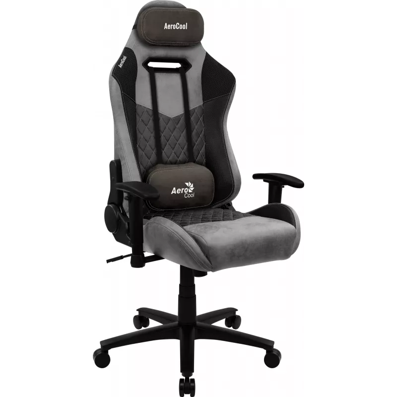 Žaidimų kėdė AEROCOOL DUKE AeroSuede juoda pilka — 2D porankiai, butterfly mechanizmas, max vartotojas 150 kg