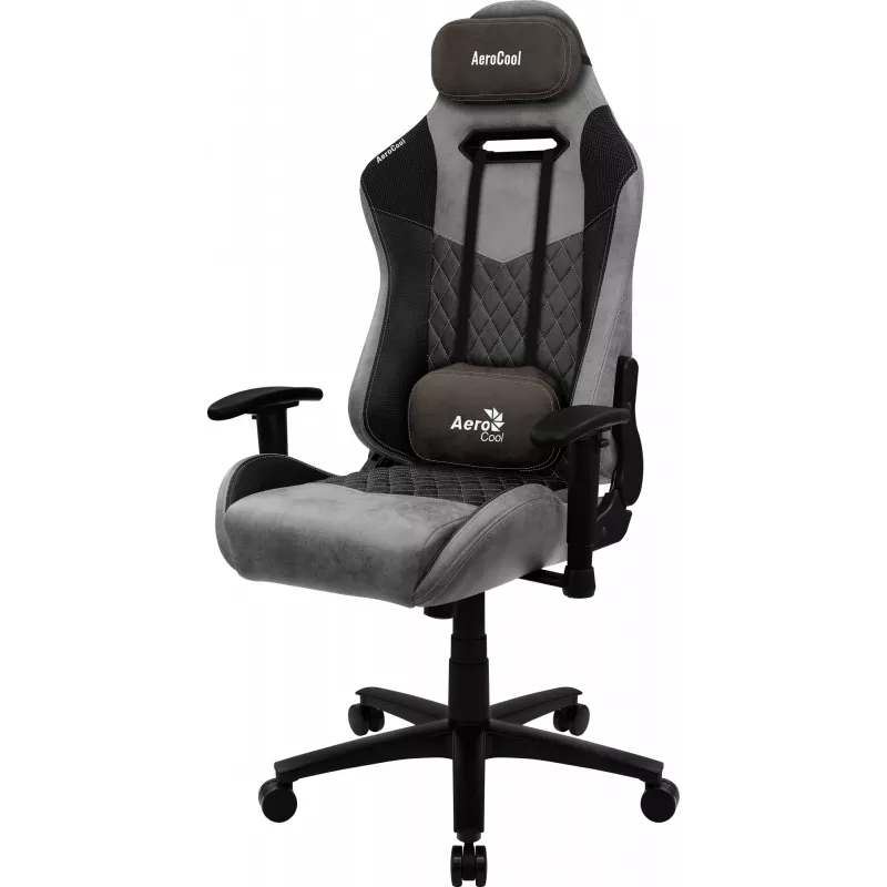 Žaidimų kėdė AEROCOOL DUKE AeroSuede juoda pilka — 2D porankiai, butterfly mechanizmas, max vartotojas 150 kg