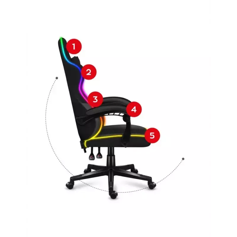 Žaidimų kėdė Huzaro FORCE 4.4 RGB Black – audeklinė prikimšta sėdynė, reguliuojamas atlošas, RGB apšvietimas, iki 130 kg