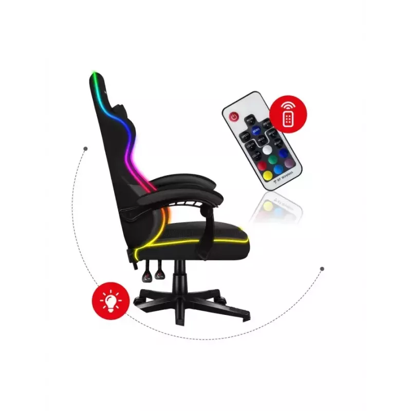 Žaidimų kėdė Huzaro FORCE 4.4 RGB Black – audeklinė prikimšta sėdynė, reguliuojamas atlošas, RGB apšvietimas, iki 130 kg