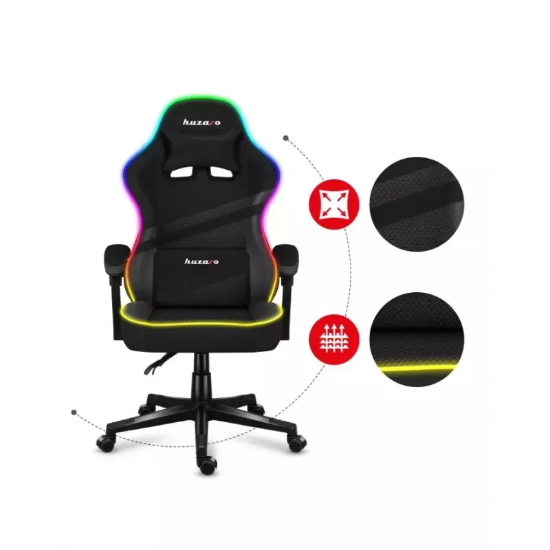 Žaidimų kėdė Huzaro FORCE 4.4 RGB Black – audeklinė prikimšta sėdynė, reguliuojamas atlošas, RGB apšvietimas, iki 130 kg