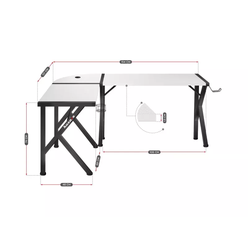 Kampinis žaidimų stalas Huzaro Hero 6.3 Baltas L formos anglies pluošto viršus 1540×1170×740 mm
