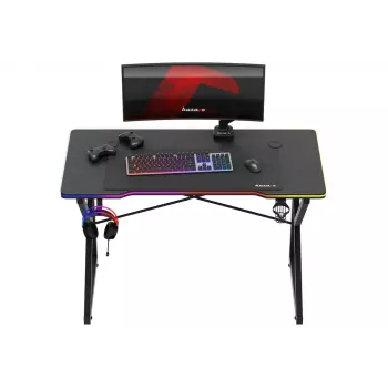 Žaidimų stalas Huzaro Hero 1.7 RGB Black – tiesus ergonomiškas stalas 1200x600 mm, 750 mm aukštis, LED, puodelio laikiklis, ausinių kablys