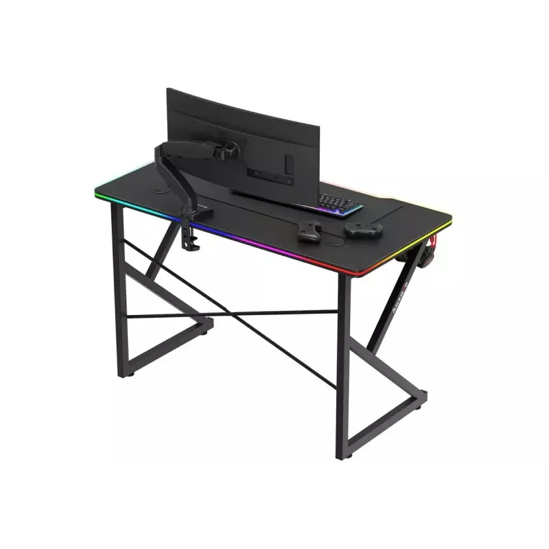 Žaidimų stalas Huzaro Hero 1.7 RGB Black – tiesus ergonomiškas stalas 1200x600 mm, 750 mm aukštis, LED, puodelio laikiklis, ausinių kablys