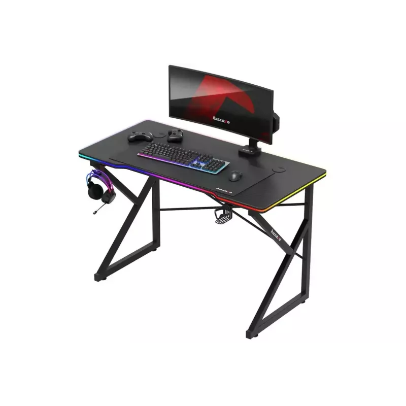 Žaidimų stalas Huzaro Hero 1.7 RGB Black – tiesus ergonomiškas stalas 1200x600 mm, 750 mm aukštis, LED, puodelio laikiklis, ausinių kablys