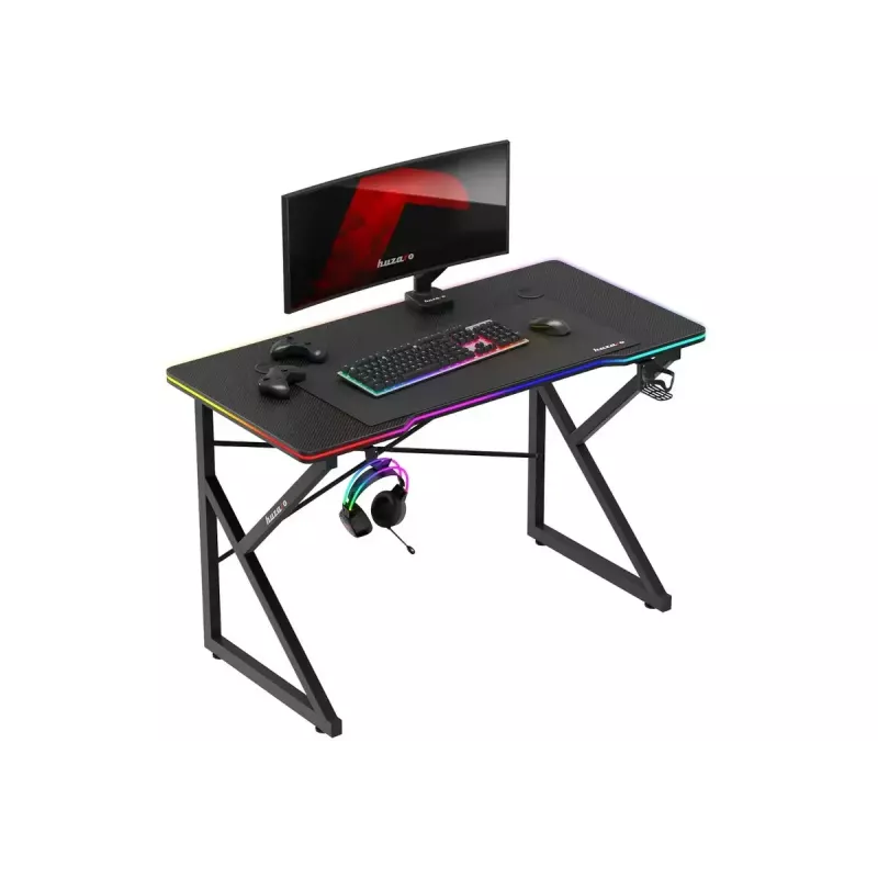 Žaidimų stalas Huzaro Hero 1.7 RGB Black – tiesus ergonomiškas stalas 1200x600 mm, 750 mm aukštis, LED, puodelio laikiklis, ausinių kablys