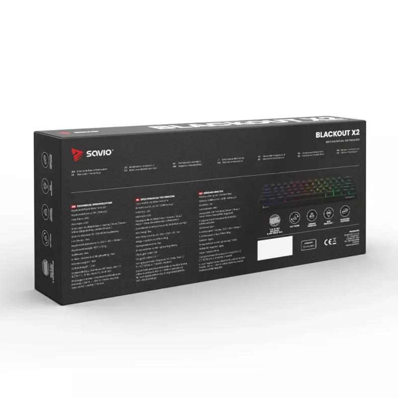 Mechaninė žaidimų klaviatūra SAVIO BLACKOUT X2 BLUE, 61 klavišų 60% USB-C atjungiamas laidas, RGB LED, Outemu Blue jungikliai, N-key rollover
