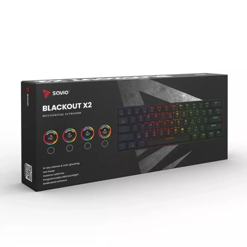 Mechaninė žaidimų klaviatūra SAVIO BLACKOUT X2 BLUE, 61 klavišų 60% USB-C atjungiamas laidas, RGB LED, Outemu Blue jungikliai, N-key rollover