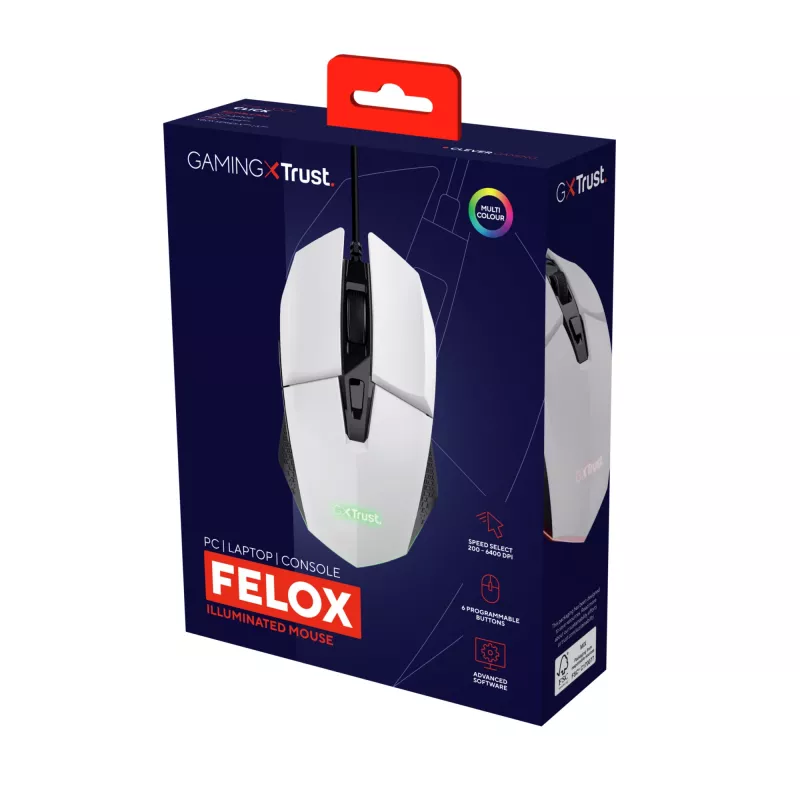 Trust GXT 109W Felox žaidimų pelė, dešinei rankai, USB-A, optinė, 6400 DPI