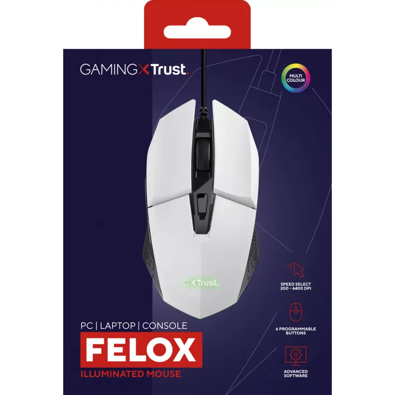 Trust GXT 109W Felox žaidimų pelė, dešinei rankai, USB-A, optinė, 6400 DPI