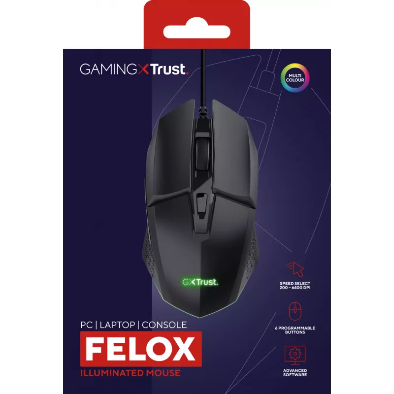 Trust GXT 109 Felox pelė žaidimams, dešinei rankai, USB Type-A, optinė, 6400 DPI