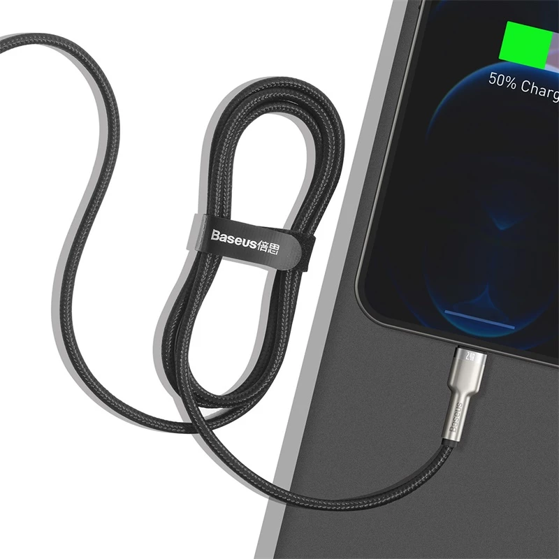 BASEUS greito įkrovimo ir duomenų perdavimo kabelis Cafule USB Type-A – Lightning, 480Mbps (2.4A PD), 1m, juodas